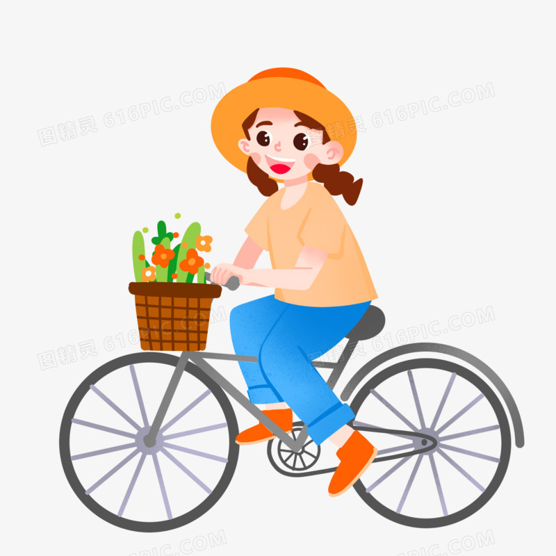 手绘卡通骑自行车的小女孩素材