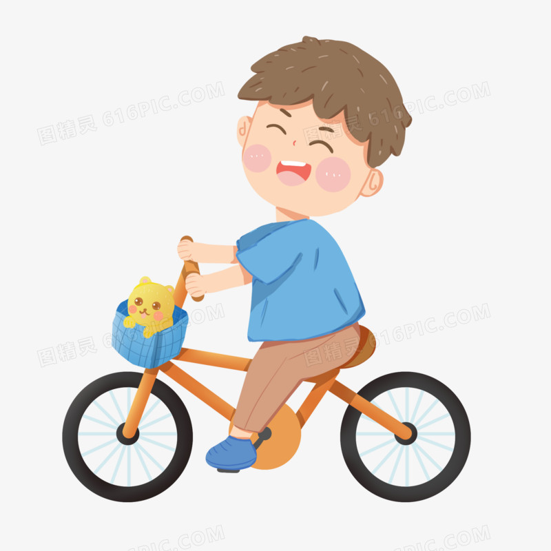 手绘卡通骑自行车的男孩和他的宠物猫素材