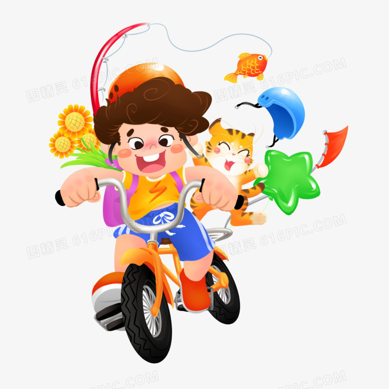 手绘骑单车的男孩和小猫素材
