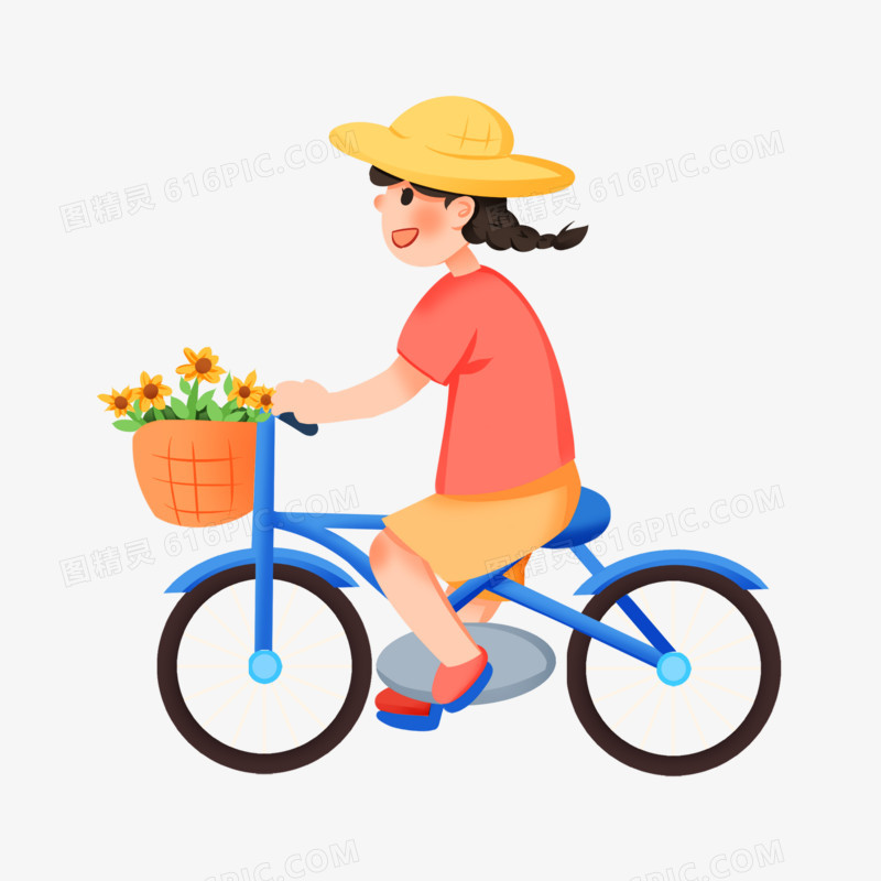 手绘卡通小女孩骑自行车免抠素材