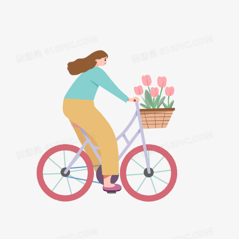 卡通女孩春游骑单车元素