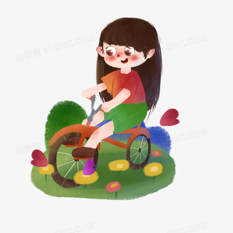 卡通手绘女孩骑车素材
