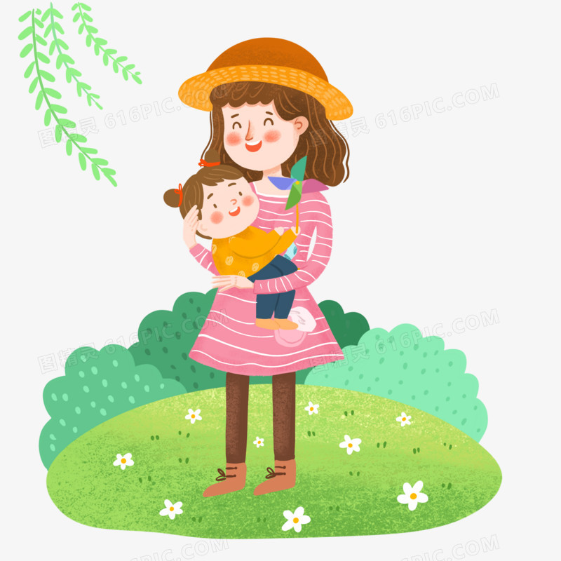 手绘卡通妈妈抱着婴儿户外散步插画免抠元素