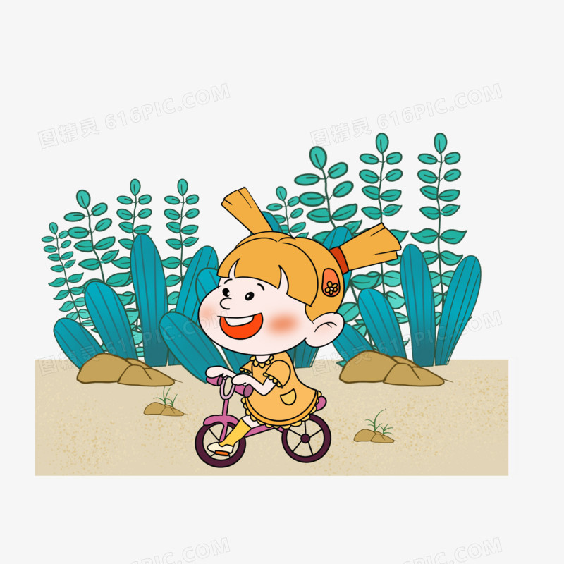 卡通小女孩骑自行车郊游元素