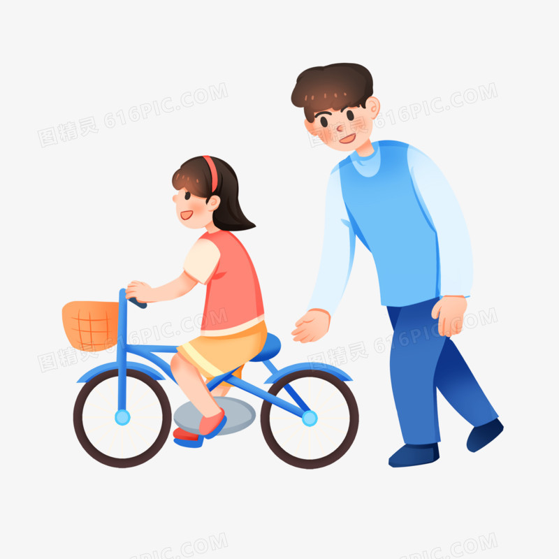 手绘卡通爸爸帮孩子学骑自行车免抠素材