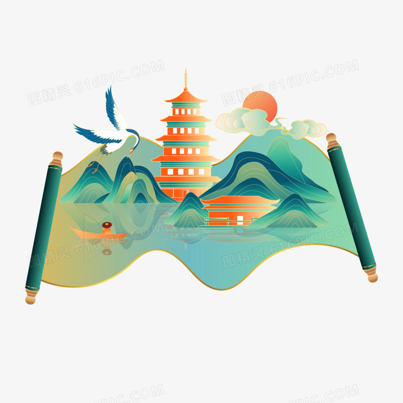 手绘矢量中式国潮山水卷轴素材