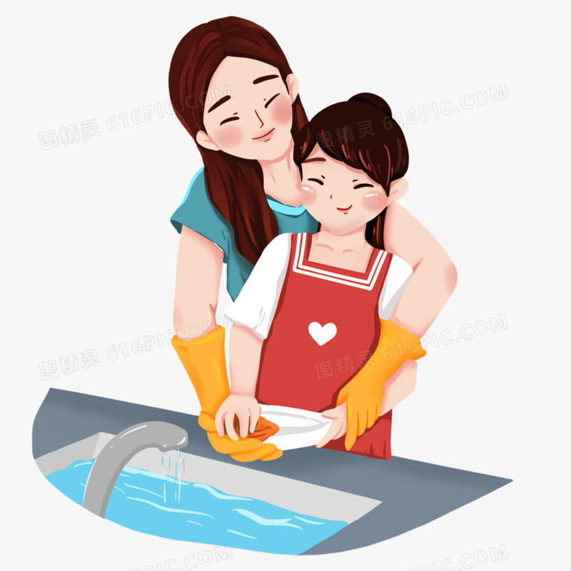 卡通孩子跟妈妈一起洗碗素材