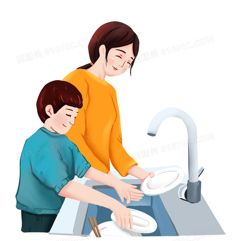 卡通男孩子跟妈妈一起洗碗素材