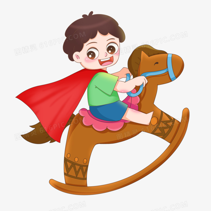 卡通小男孩骑木马免抠元素