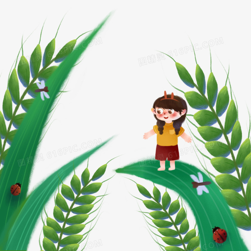 卡通手绘女孩站在麦穗叶子上微观场景素材