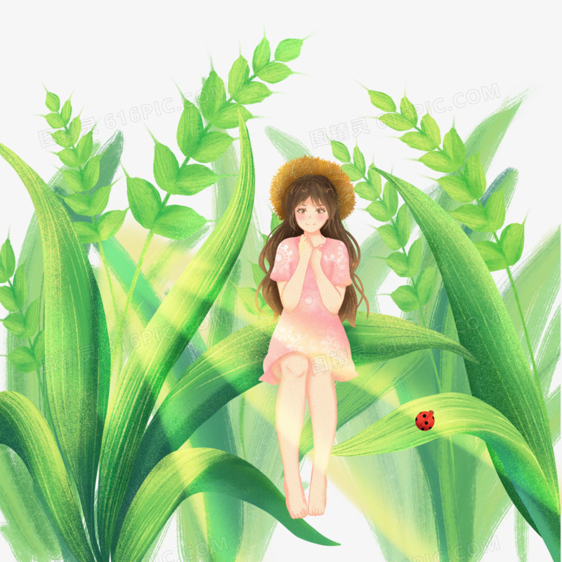 手绘肌理插画风女孩坐在麦穗叶子上微景观元素