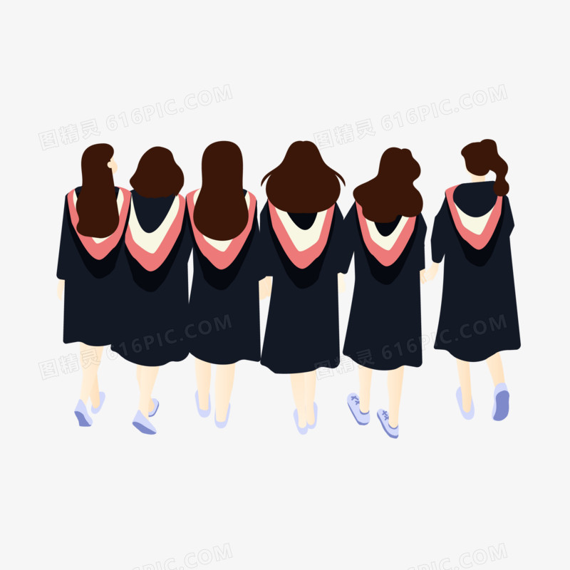 卡通矢量一排女生学士服背影元素