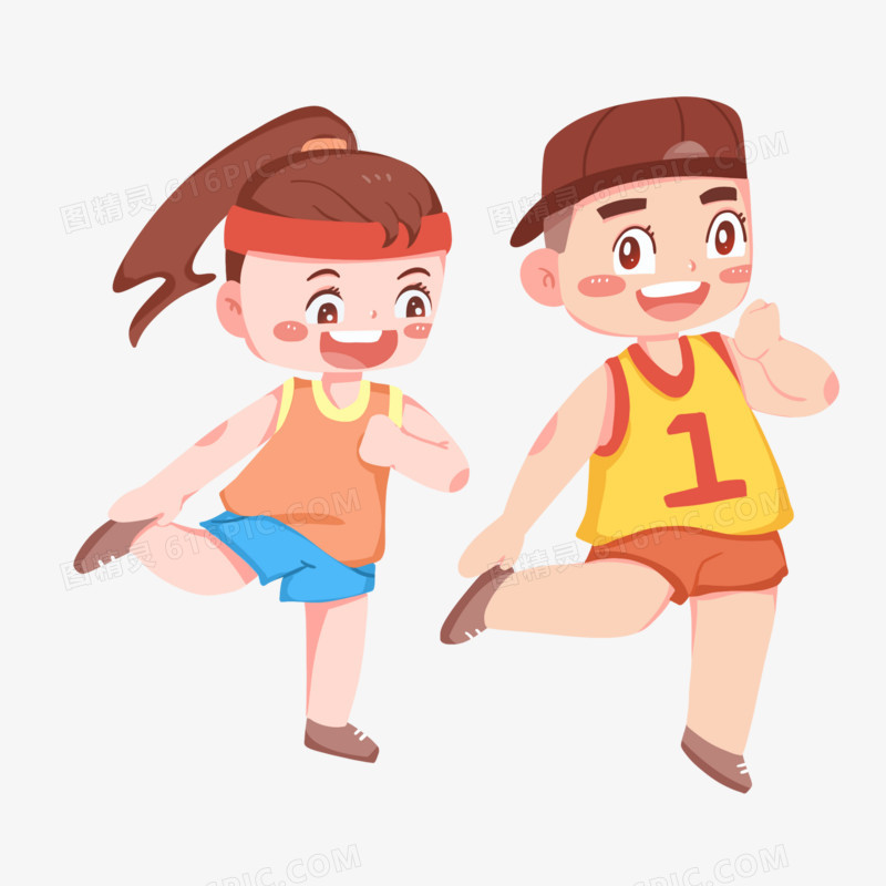 卡通手绘男孩女孩一起做健身操免抠素材