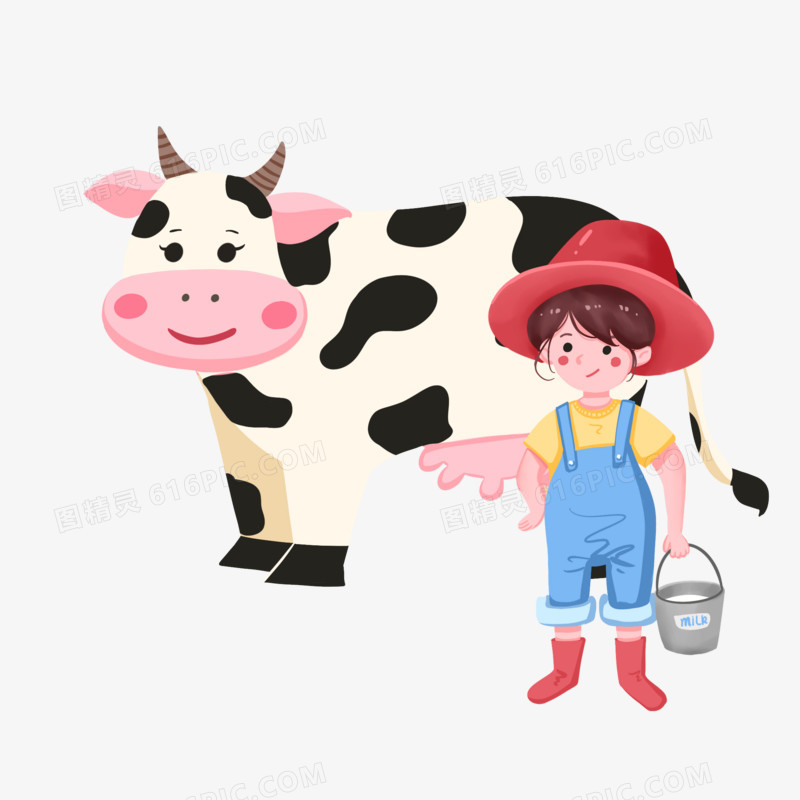 卡通可爱挤牛奶的小女孩素材