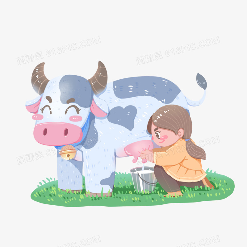 手绘奶牛挤牛奶的姑娘免抠元素