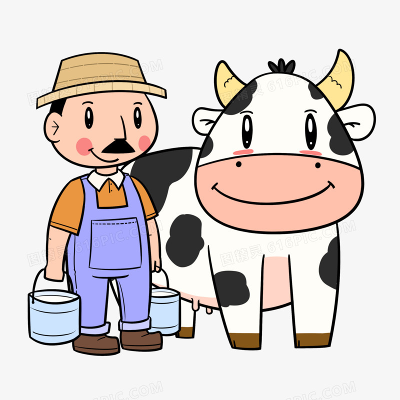 卡通挤奶工给奶牛挤牛奶元素