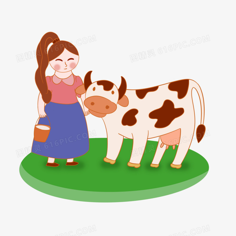 卡通农妇挤牛奶场景元素