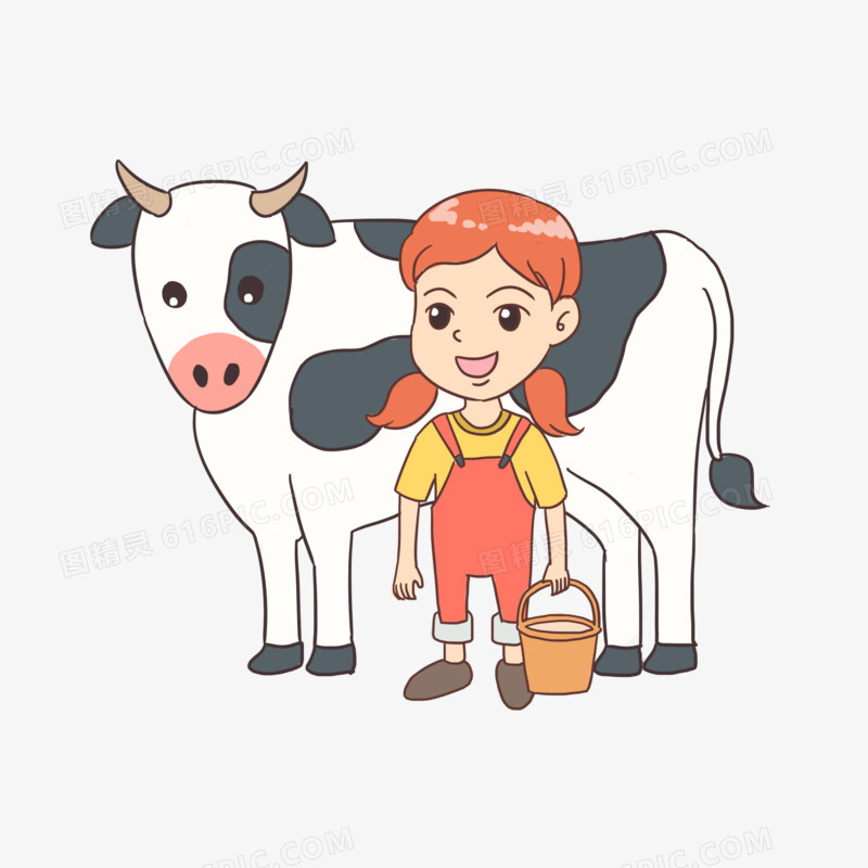 卡通女孩挤牛奶元素