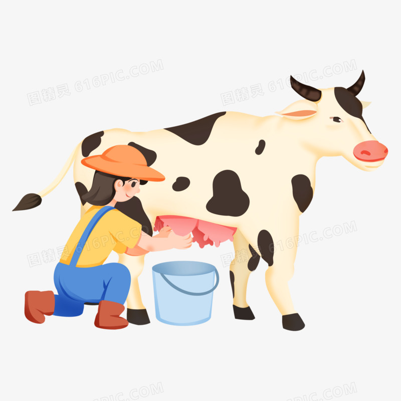 手绘卡通女孩给奶牛挤牛奶免抠素材