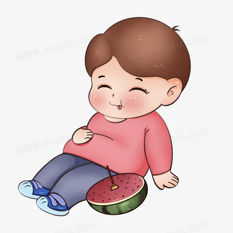 卡通手绘男孩吃西瓜吃撑了免抠元素