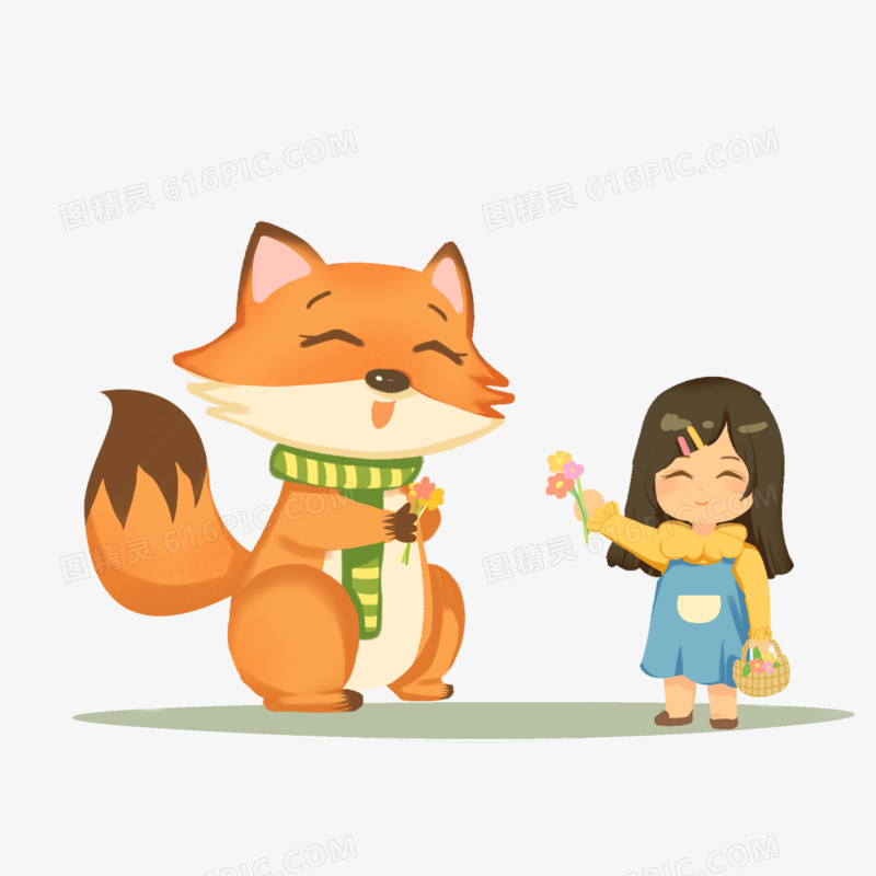 卡通手绘狐狸和小女孩一起采花素材