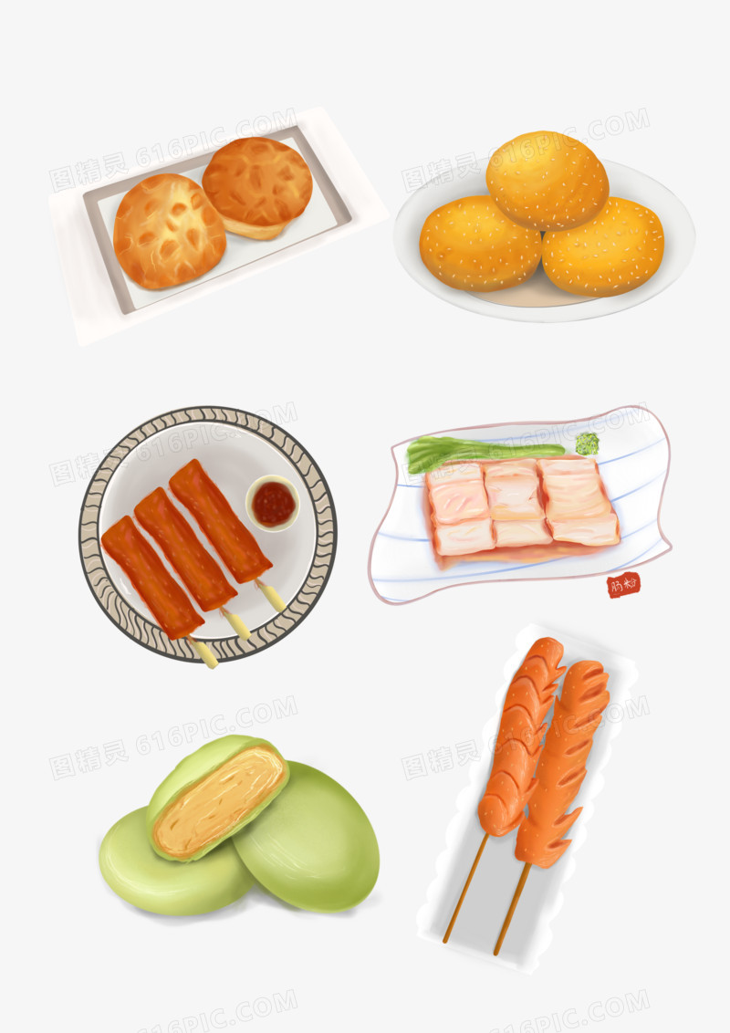 一组手绘插画风中国传统小吃合集元素