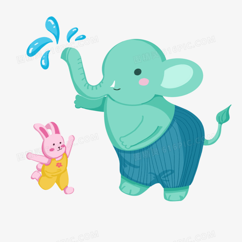 卡通手绘大象和小兔子玩水素材