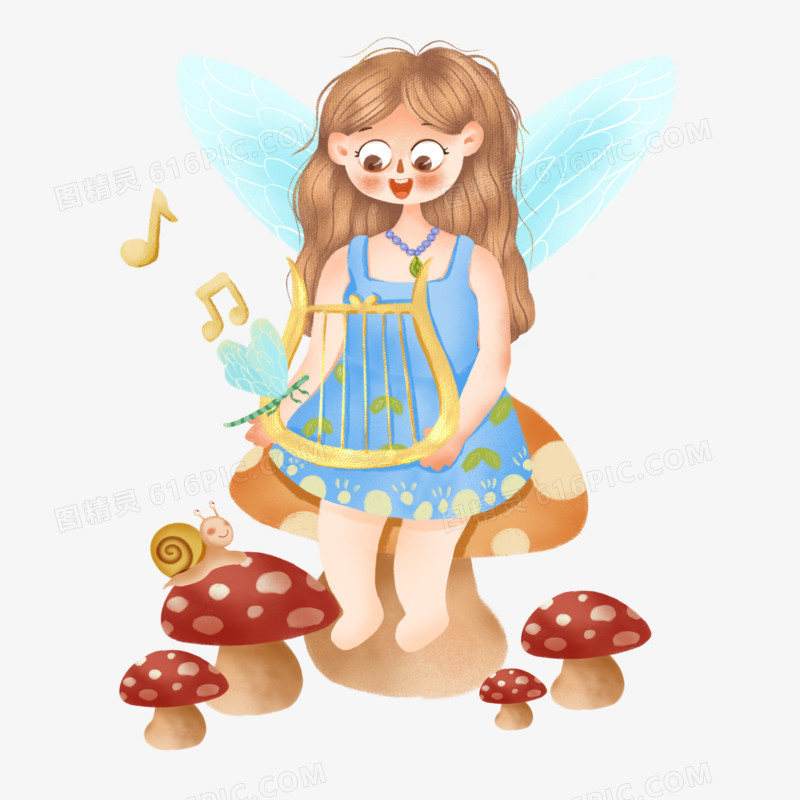 手绘卡通精灵坐在蘑菇上唱歌素材