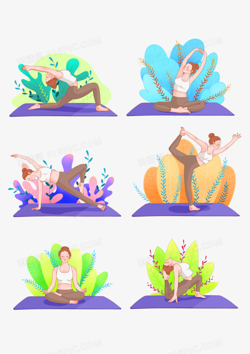 一组手绘扁平插画小清新女性瑜伽健身元素