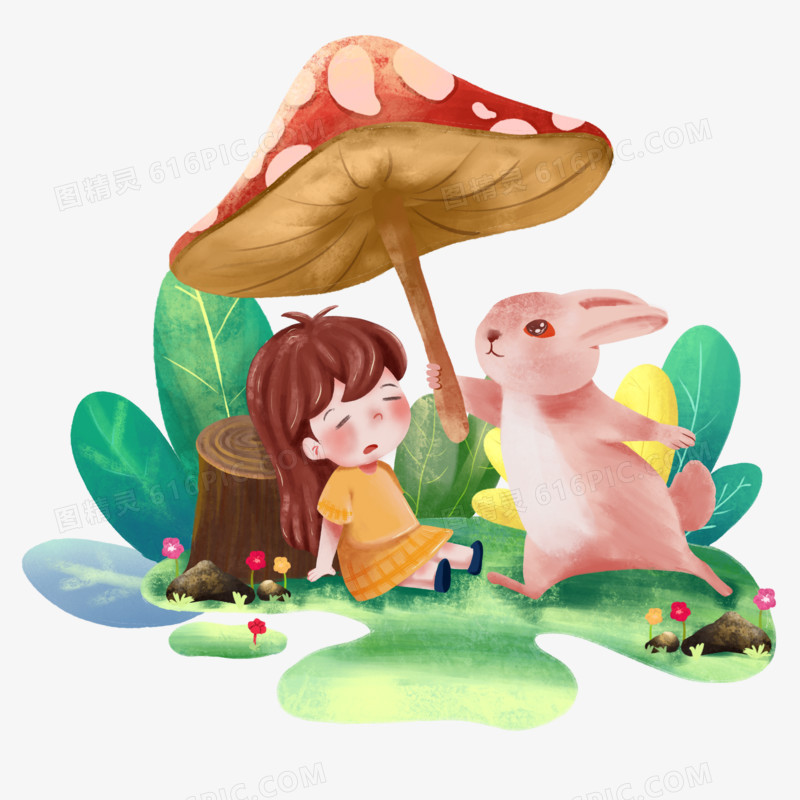 手绘儿插风女孩睡觉童话兔子打蘑菇伞素材