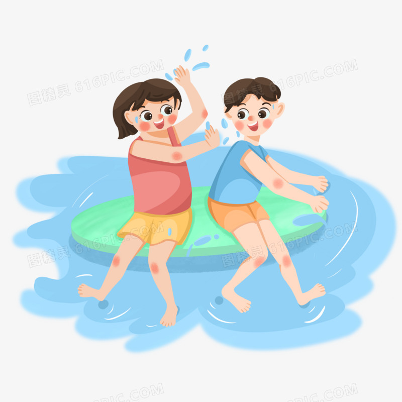 手绘卡通男生女生在池子里玩水元素