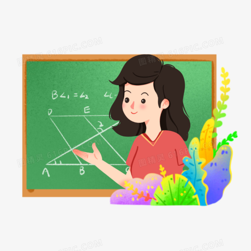 一组手绘小清新插画风教师授课场景之数学老师免抠元素