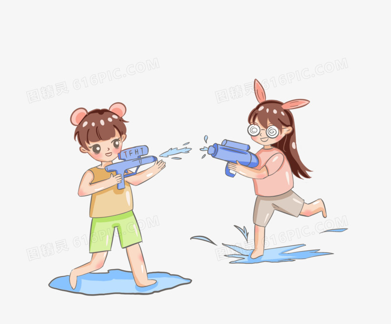 卡通手绘男孩女孩打水仗插画元素