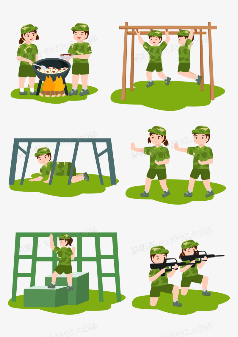 一组卡通矢量学生军事夏令营训练活动套图素菜