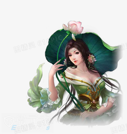 采荷花的绿衣美女古风手绘