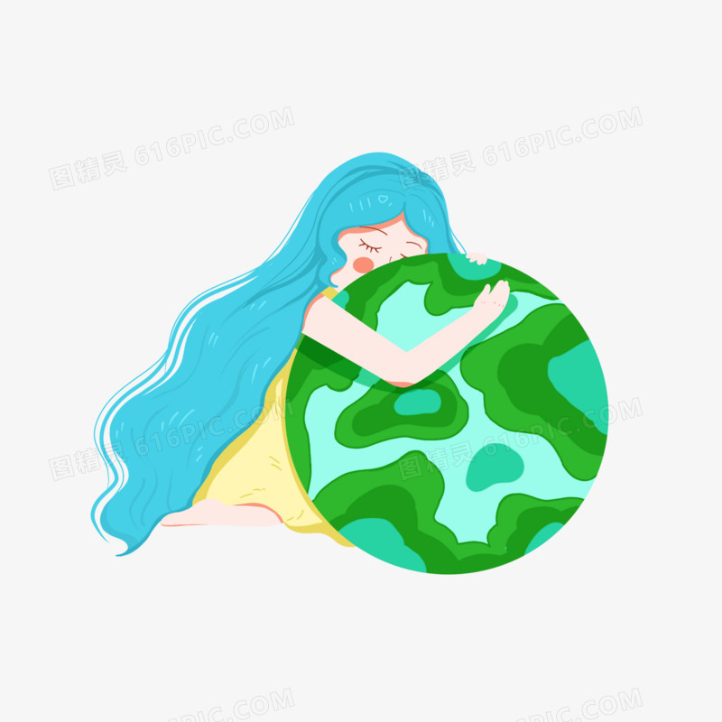 手绘卡通女孩拥抱地球免抠元素