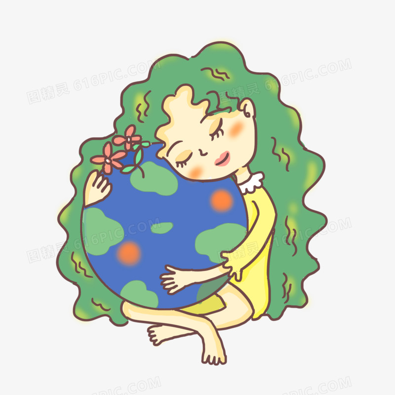 卡通女孩拥抱地球元素