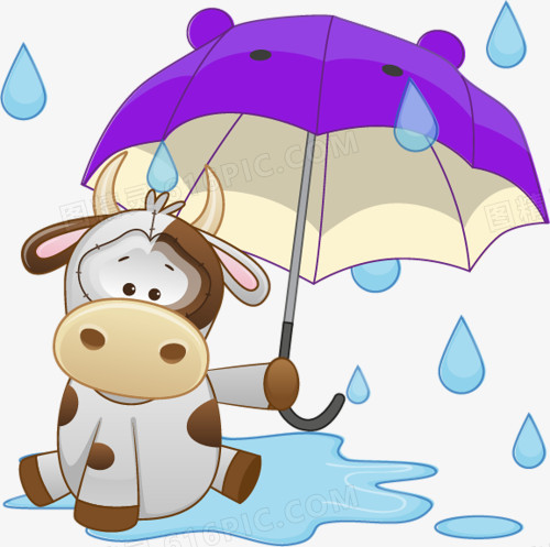 卡通下雨拿雨伞的牛