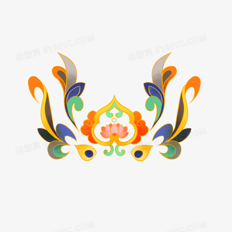 国潮金线描敦煌莲花凤尾纹样装饰元素