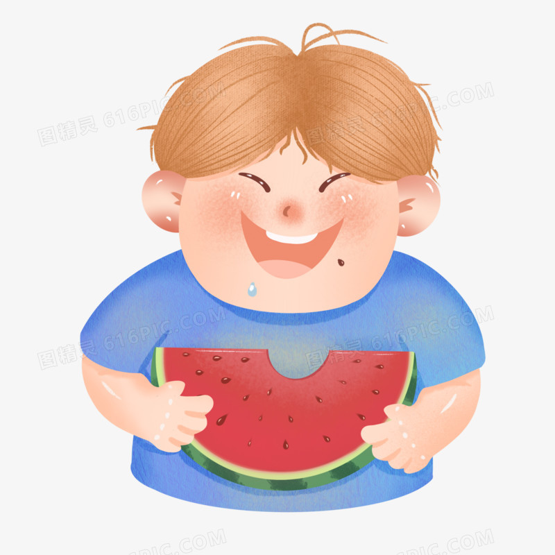卡通手绘男孩吃瓜吃货好吃表情素材