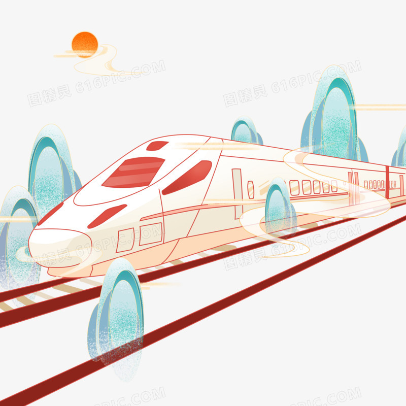 手绘国潮风中国风高铁交通工具元素