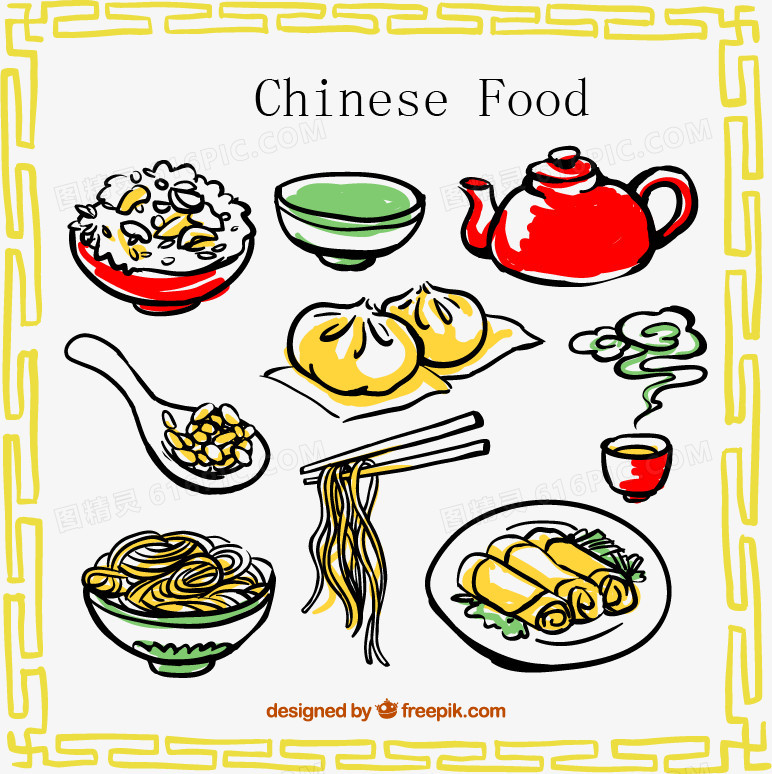 彩绘中国食物矢量素材图片免费下载 AI