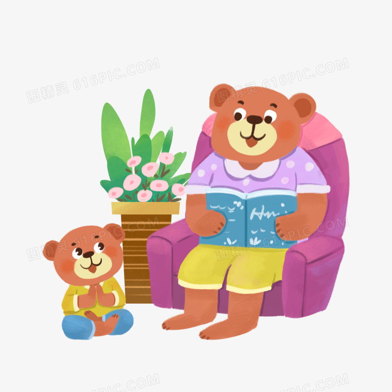 卡通可爱拟人小熊妈妈给小熊讲故事元素