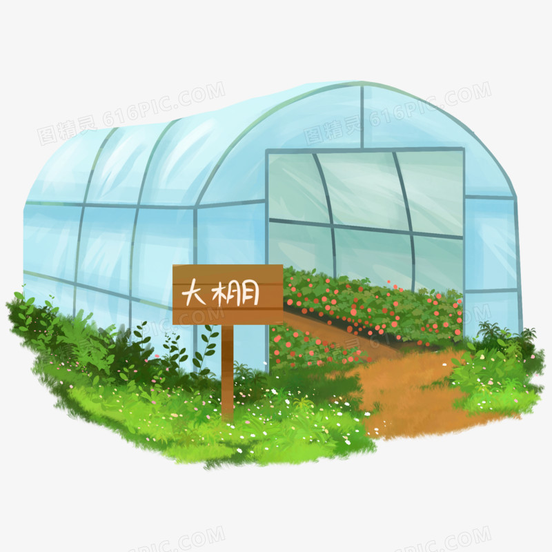 手绘大棚塑料蔬菜种植基地素材