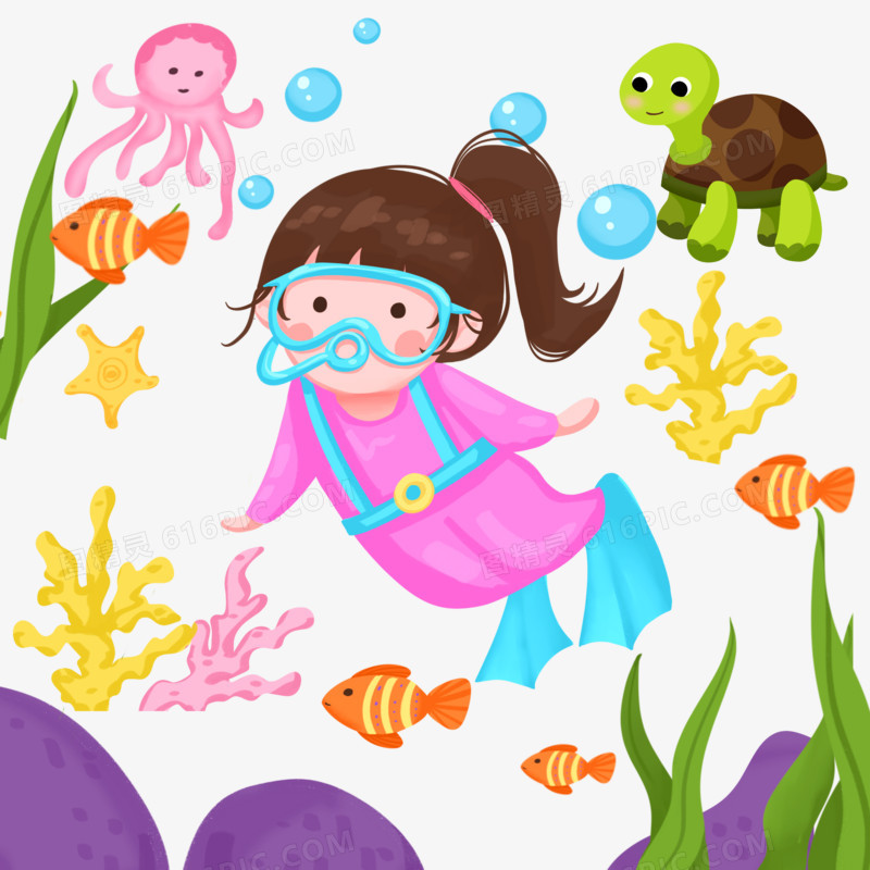 卡通小女孩在水下玩耍免抠场景素材
