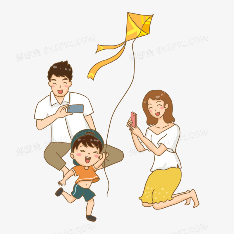手绘卡通一家人一起放风筝元素