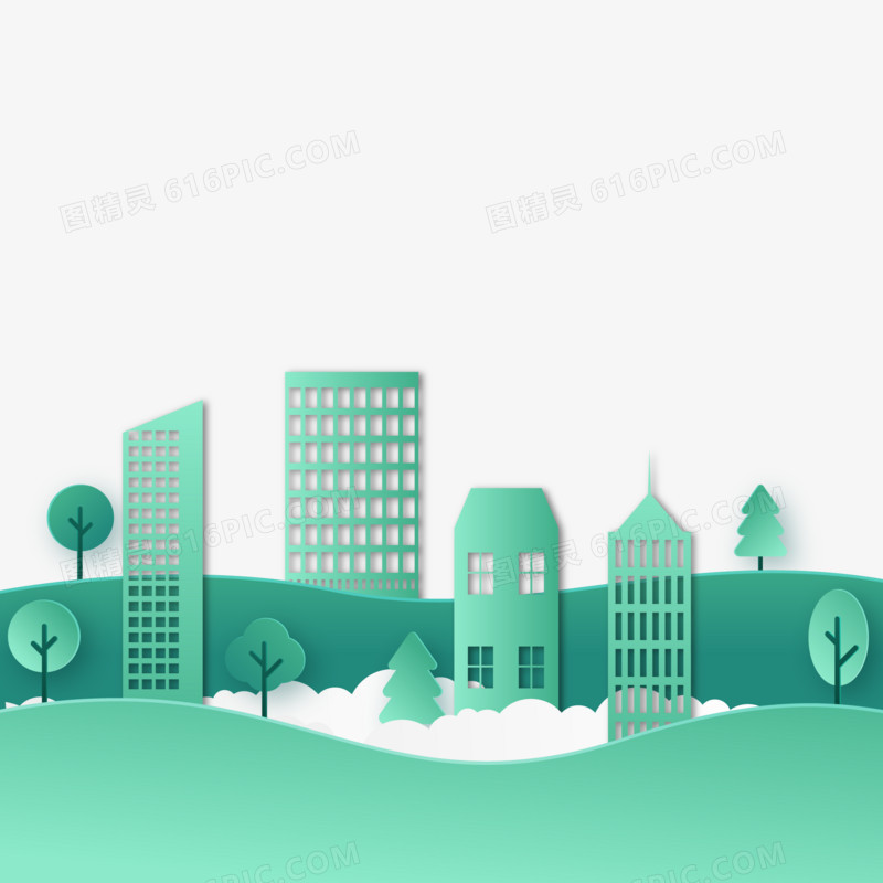 绿色剪纸风城市免抠效果素材