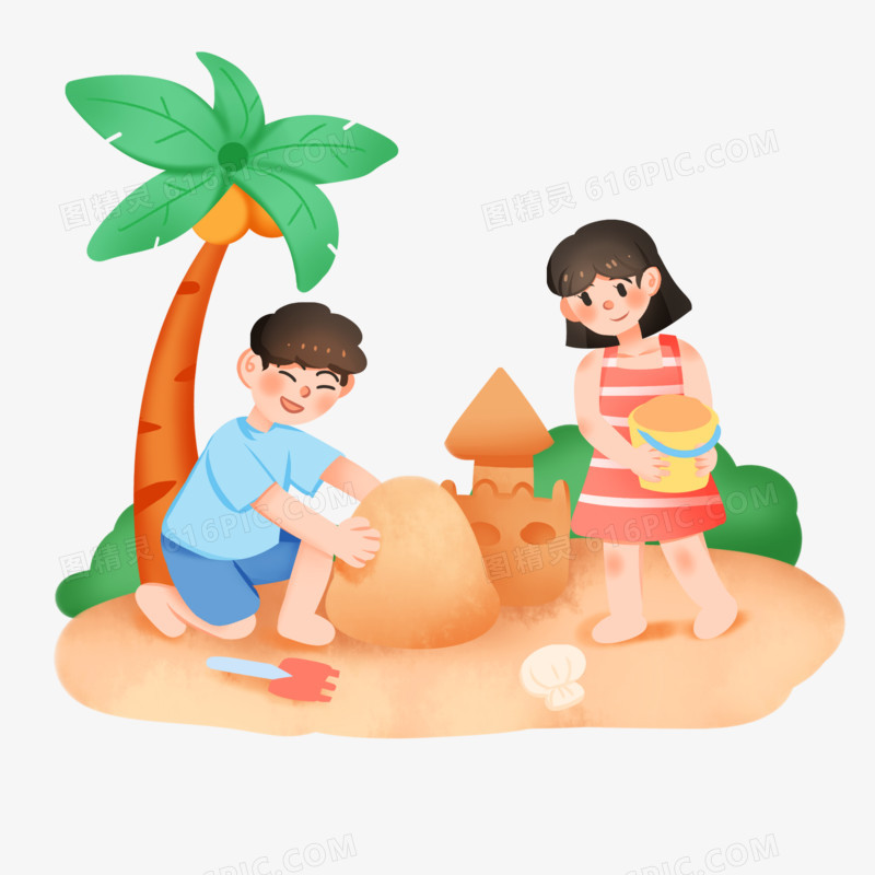 手绘卡通小伙伴们在沙滩玩沙堆免抠素材