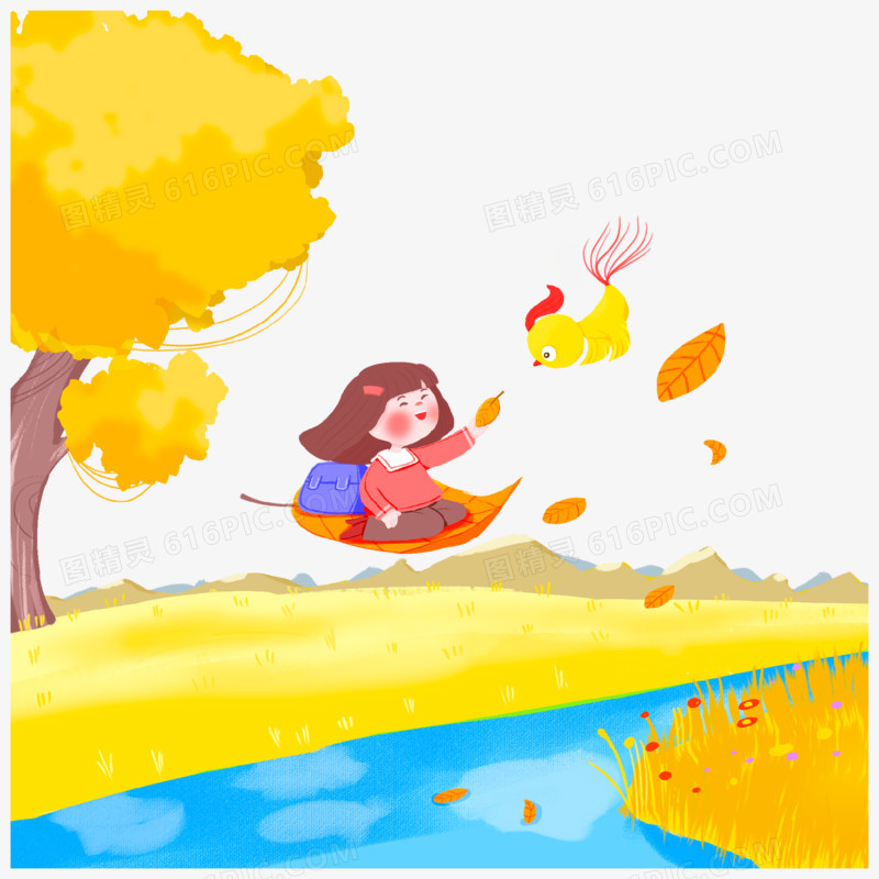 手绘卡通女孩坐在树叶上和小鸟打招呼素材