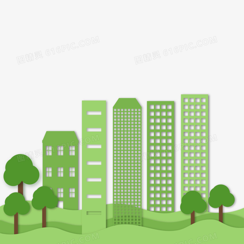 绿色矢量剪纸风环保城市建筑素材